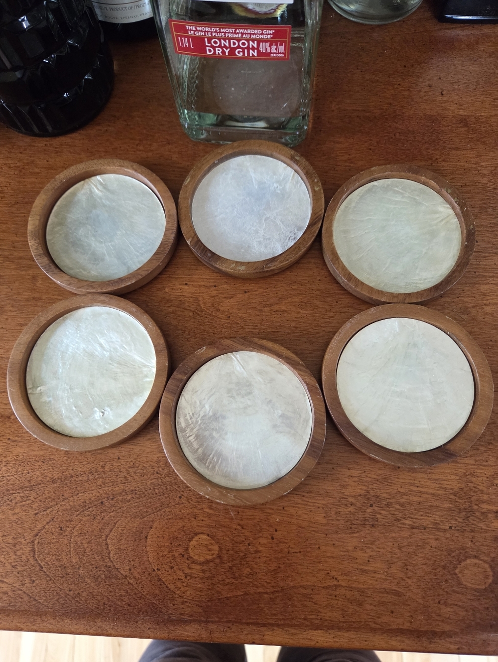 Vintage Set Of 6 Wood And Capiz Shell Coasters